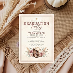 Western Graduation Party Invitation Template 5x7, Editable Cowboy Grad Invite, Country Graduation Party Invite, Boots & Hat, Canva Template,