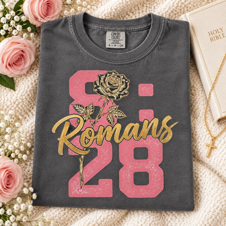 May include: A charcoal gray crew neck t-shirt featuring a large pink distressed number 828 graphic with the word Romans in gold script overlaid. A detailed black and gold rose illustration is positioned vertically over the text and numbers.