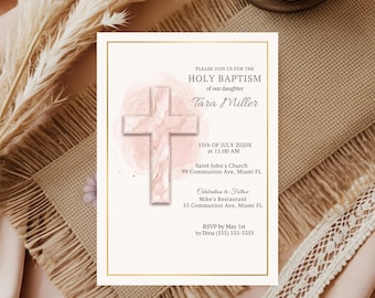 Editable Pink Baptism Invitation Template | Girl Baptism Invite | Holy Baptism Invitation | Printable Christening Invite | Instant Download