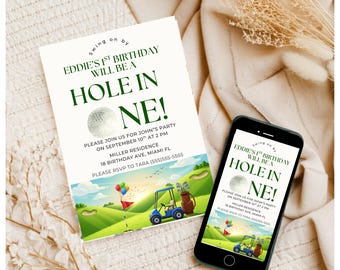 HOLE IN-ONE First Birthday Invitation Template, Golf First Birthday Digital Invitation Birthday Invite, Hole In One Birthday Invite