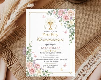 First Holy Communion Invitation: Floral Design (Digital Download)