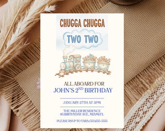 Chugga Chugga Two Two Birthday Invite, Editable 2nd Birthday Boy Invitation, Printable Train Birthday Party Invitation