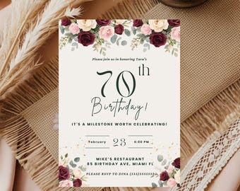 Invitación editable de 70 cumpleaños para mujer, plantilla digital para fiesta sorpresa floral, para cualquier edad, descarga instantánea e imprimible.