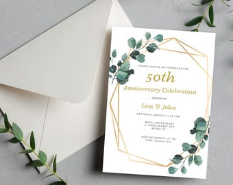 50th Anniversary Invitation, Greenery Wedding Anniversary Invite, Wedding Anniversary Invitation Printable, Editable Template