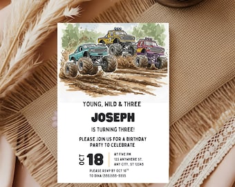 Young Wild and Three Monster Truck birthday invitation, 3rd Birthday, Monster truck Invitation, Canva