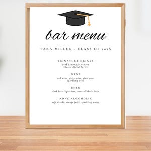 Abschluss Bar Menü Schild Vorlage, druckbares elegantes Grad Party Getränke Schild, bearbeitbare College Graduate Cocktail Liste, Canva Vorlage
