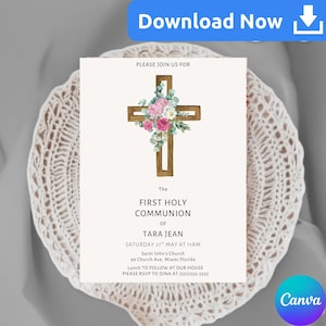 First Holy Communion Invitation for Girl with flowers, 1st Communion invite with Pink Floral Cross, Canva Download