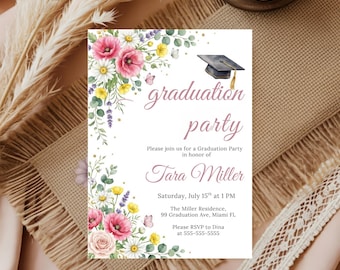 Floral Graduation Party Invitation, Canva Template, Instant Download