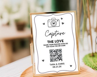 Photo QR Code Sign for Weddings | Printable Guest Wedding Photo Upload Sign | Doodle Whimsical Line Art | Digital Download Editable Template