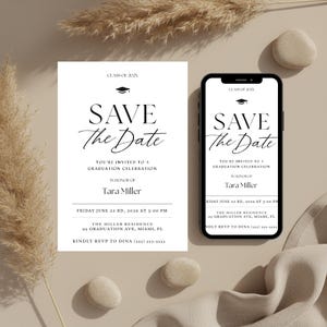 May include: A white graduation announcement with the text "SAVE The Date" and details for Tara Miller's graduation. A smartphone displays the same announcement. The design includes a graduation cap icon.