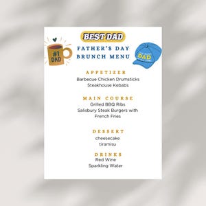 Menüvorlage für den Vatertag. Vatertags Brunch-Speisekarte. Vatertag Download. Vatertag Vorlage zum ausdrucken. Bearbeitbare DIY-Vorlage