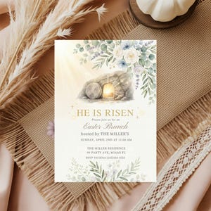 He is Risen Easter Invitation, Religious Easter Celebration Editable Invite Template, Family Easter Brunch or Dinner after Church Invite