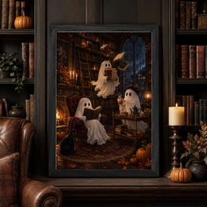 Puede incluir: Una impresión de arte mural enmarcada que representa una escena de biblioteca con tres fantasmas. Un fantasma está sentado en un sillón rojo leyendo, otro flota sosteniendo libros y un tercero está junto a un carrito de té. Gato negro y calabazas.