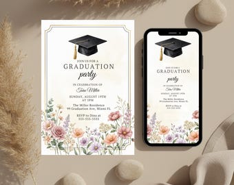 Editable Graduation Invitation Template, Floral Graduation Party Invite, Canva Template, Instant Download, Elegant Grad Announcement