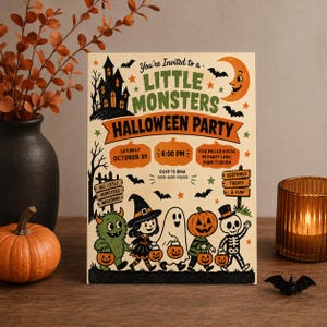 Könnte beinhalten: Eine rechteckige Halloween-Party-Einladungskarte mit dem Text "You're Invited to a LITTLE MONSTERS HALLOWEEN PARTY". Das Design zeigt ein Spukhaus, einen Halbmond, Fledermäuse und fünf Kinder in Kostümen: ein Monster, eine Hexe, ein Geist, ein Kürbis und ein Skelett.