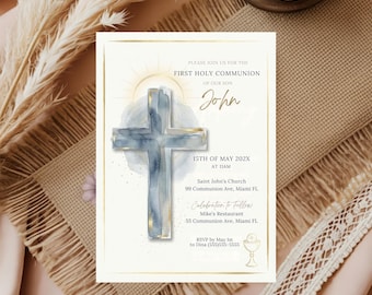 Blue Holy Communion Invitation Template, First Holy Communion invite, Boy Communion Invite, Gold simple First Holy Communion Invitation