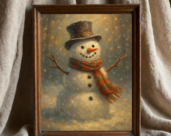 ヴィンテージ雪だるまアートプリント | ノスタルジックな冬の装飾 | ヴィンテージホリデープリント | クリスマスのお祝いの絵画 | 雪のアート | 印刷可能な雪だるま