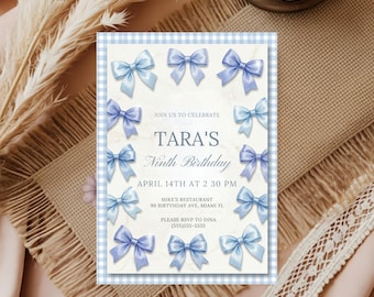 Blue Bow Theme Birthday Invite Blue Bow Birthday Bow Invite Bow Birthday Girl Birthday Invite Birthday Invitation