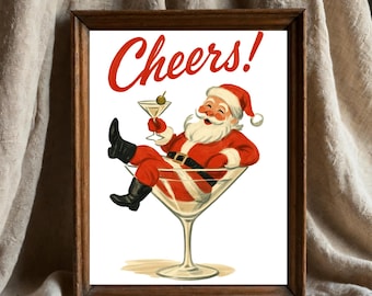 Plakat "Cheers Santa Claus", zabawna sztuka ścienna w stylu retro, wydruk koktajlowy w stylu vintage, dekoracja wózka barowego Santa Martini w wersji cyfrowej