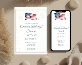 Plantilla de invitación para el 4 de julio, invitación para la fiesta de cumpleaños de Estados Unidos, invitación para barbacoa patriótica, plantilla editable de Canva para el 4 de julio.