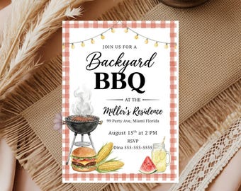 Summer BBQ Invitation Template, BBQ barbeque Cookout Party, Editable Canva Invite