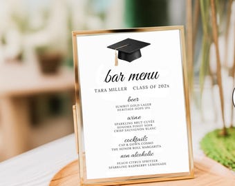 Graduation Bar Menu Sign Template, Printable Elegant Grad Party Drinks Sign, Editable College Graduate Cocktail List, Canva Template