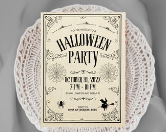 May include: A Halloween party invitation with a cream background and black text. The invitation includes the text "You're invited to a Halloween Party" and details for the event, including the date, time, and RSVP information.