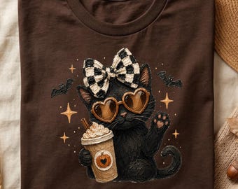 Black Cat Halloween PNG, Cute Spooky Cat Coffee PNG, Preppy Halloween Shirt Design, Retro Fall Sublimation PNG, Ghost Season