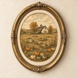 May include: An oval-framed wall art piece featuring a landscape painting of a white barn in a field filled with orange and green pumpkins. The frame is ornate, metallic gold with decorative scrollwork details at the top and bottom edges.