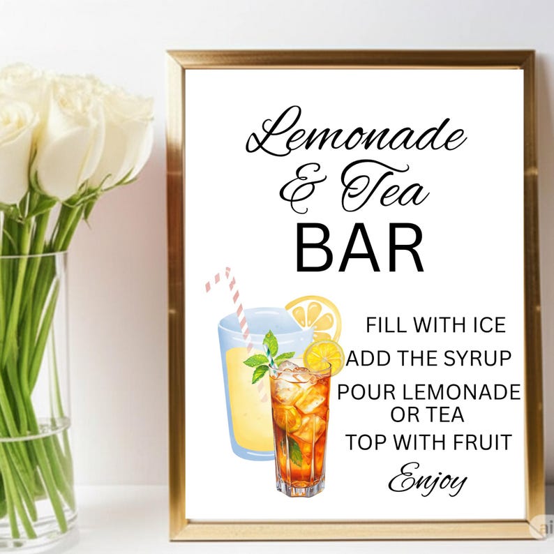 May include: A framed sign with the text Lemonade & Tea BAR, featuring illustrations of a glass of lemonade and a glass of iced tea with a straw, and instructions: FILL WITH ICE, ADD THE SYRUP, POUR LEMONADE OR TEA, TOP WITH FRUIT, Enjoy.