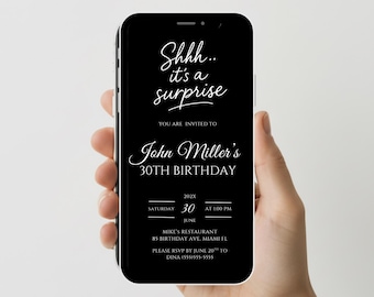 Electronic Surprise Birthday Invitation, Digital Surprise Birthday Party Invite, Text evite for men or women, Shh..It's a Surprise