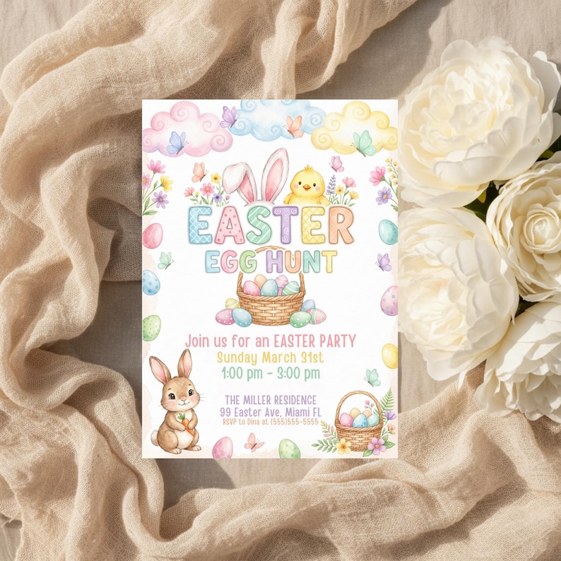 May include: An Easter-themed invitation with pastel colors. The design features a bunny, chick, Easter eggs, and a basket. The text reads "Easter Egg Hunt" and includes party details. The invitation is decorated with floral and butterfly accents.
