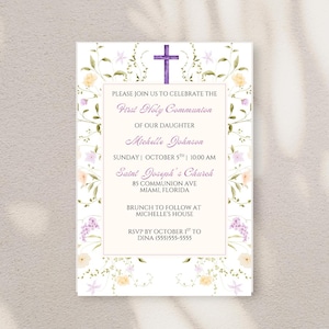 Purple Floral First Holy Communion invitation, first holy communion invite girls floral, First holy communion invitation Catholic