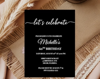 Editable Black Minimalist Birthday Invitation, Simple Black Birthday Invite, Solid Black Adult Birthday Invite