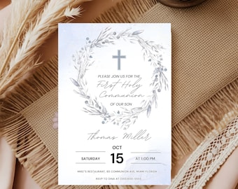 First Holy Communion Invitation Template, First Communion, Printable Invite, Instant Download, Editable Invitation,  Canva Download