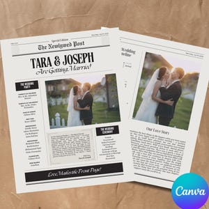 May include: A newspaper-style wedding announcement titled "The Newlywed Post" with the headline "TARA & JOSEPH Are Getting Married." The announcement includes photos of the couple and details about the wedding party and ceremony.