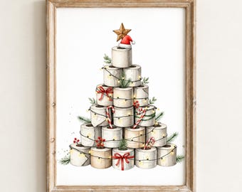 May include: A framed wall art print featuring a Christmas tree constructed from stacked white toilet paper rolls. The tree is decorated with string lights, red ribbons, candy canes, holly berries, pine branches, a Santa hat, and a gold star.