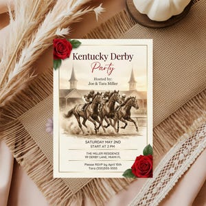 May include: An invitation for a Kentucky Derby Party. The design features a watercolor illustration of horses racing, with text that includes the date, time, and location. Red roses and greenery frame the invitation.
