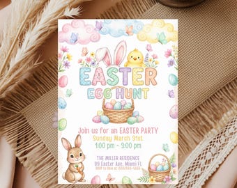 Easter Egg Hunt Invitation, Editable Easter Party Invite, Easter Bunny Brunch Invitation, Canva Template