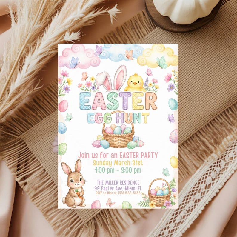 May include: An Easter-themed invitation with pastel colors. The design features the text "Easter Egg Hunt" above a basket of eggs. A bunny, chick, and butterflies are also included. The invitation includes party details.