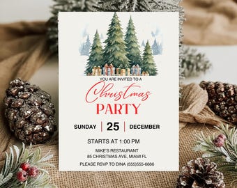 Könnte beinhalten: Weihnachtsparty-Einladung mit Aquarell-Tannenbäumen und Geschenken. Der Einladungstext lautet "Sie sind zu einer Weihnachtsfeier eingeladen" mit dem Datum Sonntag, 25. Dezember. Die Party beginnt um 13:00 Uhr.
