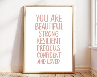 You Are Beautiful, Girls Nursery Affirmation Print, Pink Nursery Affirmation Wall Art, Girls Bedroom Affirmation Poster Kids Affirmation Art