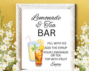 Iced Tea & Lemonade Bar Sign, Lemonade bar Mocktail Print, Signature Drink Menu Template Poster Non Alcoholic Grad Baby Bridal Shower Decor
