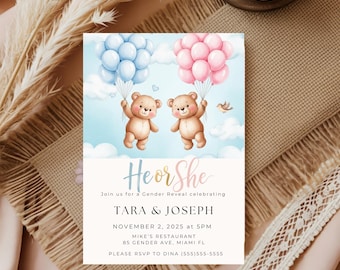 EDITABLE Teddy Bears Gender Reveal Invitation , Baby Boy Or Girl Party Invite Template, He Or She, Boho Watercolor Bear with Balloons
