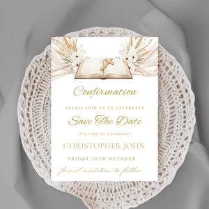 Confirmation Save the Date Invitation, Catholic Invite Neutral, Religious Bible Theme, Canva Template