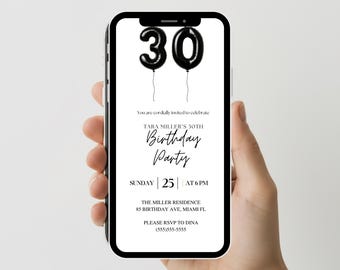 Digital 30th Birthday Invitation, 30th E-Invite, 30th Birthday Evite, Minimalist 30th Party Invitation, Digital 30th Invitation