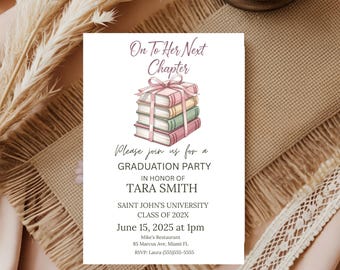 Invitación de graduación "Hacia el siguiente capítulo", plantilla de invitación para fiesta de graduación con diseño de libros apilados, celebración de graduación universitaria, descarga digital.