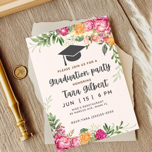 Floral Graduation Party Invitation, Floral Graduation Announcement Card, Floral Grad Invitation, Canva Digital Invite image 3