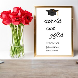 Cartes et cadeaux pour le modèle de signe de diplômé, décoration minimale de diplômé, signe de table de fête de diplômé élégant imprimable, téléchargement sur toile