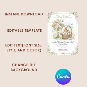 May include: Easter invitation template with a watercolour design. The invitation features a cross, a bunny in a basket with eggs, and floral accents. Text includes "He Is Risen" and details for an Easter celebration.